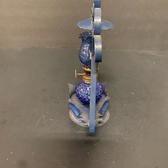 Blue Vintage-Cobalt Blue Glass Oil Lamp In Light Blue Metal Frame Accent - Picture 5 of 10